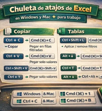 Chuleta de atajos de Excel en Windows y Mac para trabajo copiar, filtros, tablas y formato