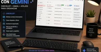 Limpieza digital con Gemini checklist y Gmail en laptop (atajos de teclado para organizar)