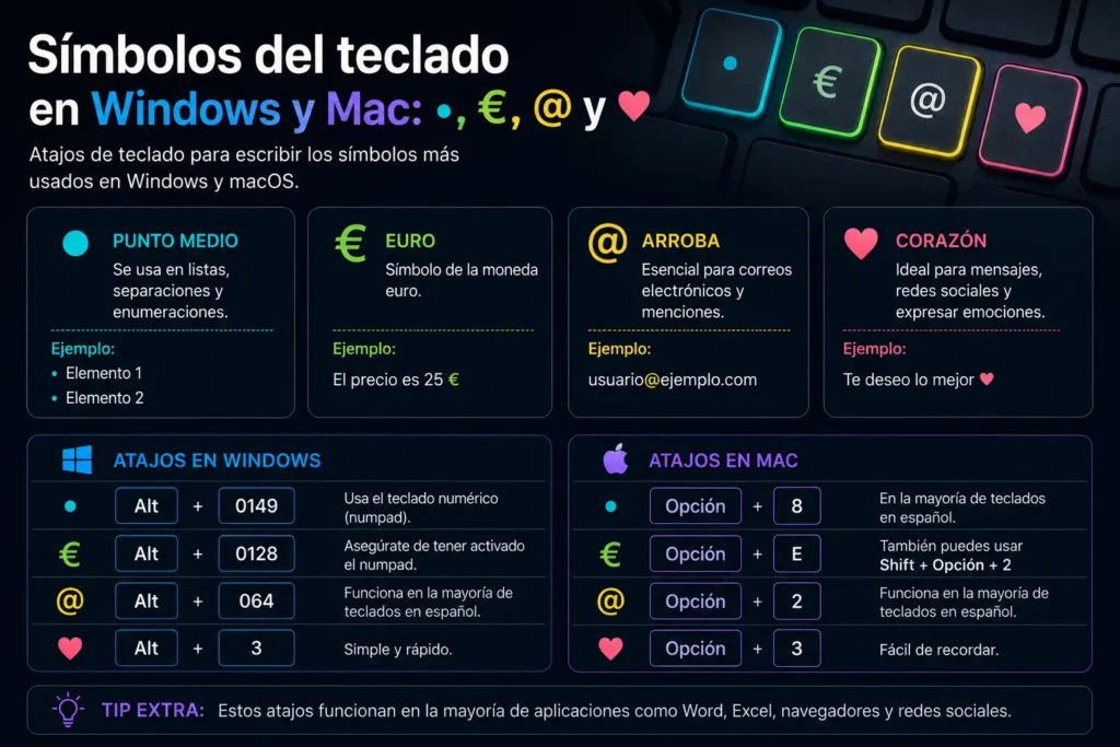 Símbolos del teclado cómo escribirlos (•, €, @, ♥) en Windows y Mac