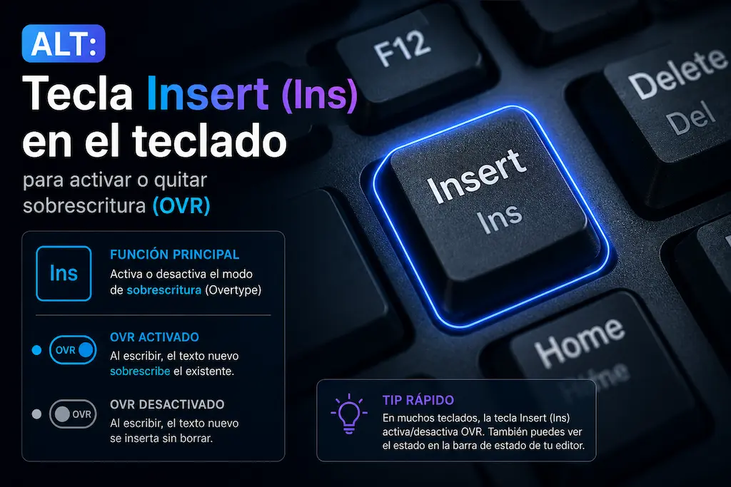 Tecla Insert (Ins) en el teclado para activar o quitar sobrescritura (OVR)