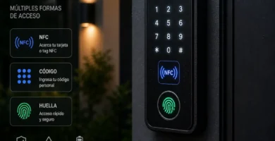 Teclado de acceso para cerradura inteligente con NFC, código y huella en puerta exterior