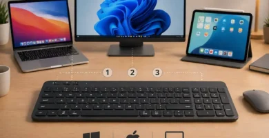Teclado inalámbrico multi-dispositivo con cambio 1-2-3 para PC, Mac y iPad en escritorio