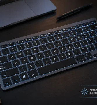 Teclado portátil ultrafino con retroiluminación sobre una mesa de trabajo