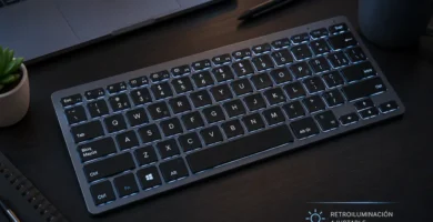 Teclado portátil ultrafino con retroiluminación sobre una mesa de trabajo