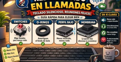 Teclado silencioso para oficina en home office con laptop y mouse, ideal para videollamadas