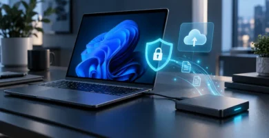 Portátil conectado a una unidad externa para realizar copias de seguridad