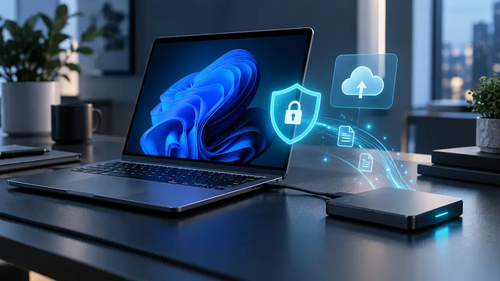 Portátil conectado a una unidad externa para realizar copias de seguridad
