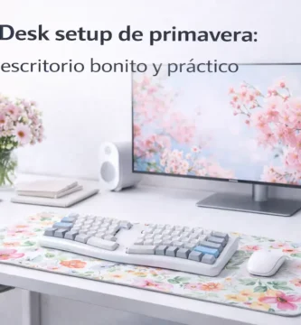 Desk setup de primavera con escritorio blanco, teclado mecánico claro, alfombrilla floral, monitor con flores y luz natural