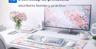 Desk setup de primavera con escritorio blanco, teclado mecánico claro, alfombrilla floral, monitor con flores y luz natural