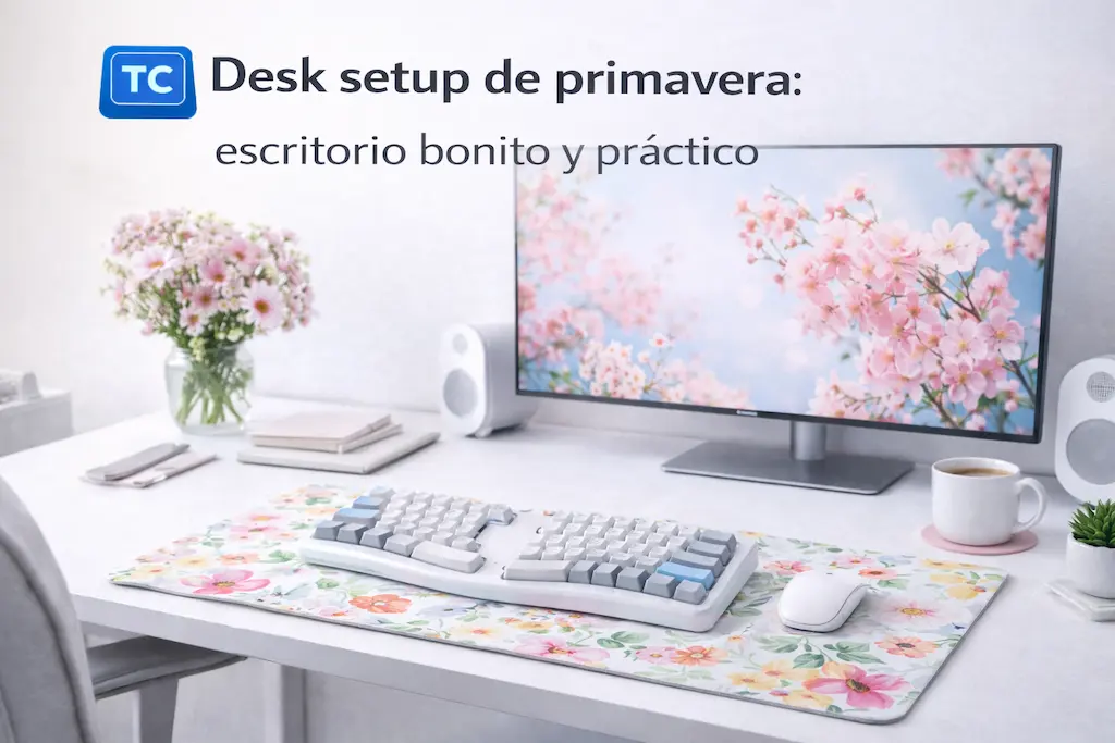 Desk setup de primavera con escritorio blanco, teclado mecánico claro, alfombrilla floral, monitor con flores y luz natural