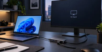 Portátil conectado a un monitor mediante un hub USB-C a HDMI