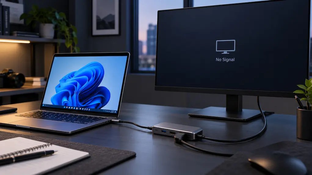 Portátil conectado a un monitor mediante un hub USB-C a HDMI