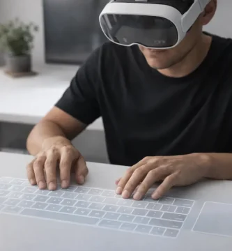 Teclado virtual proyectado sobre una mesa con visor VR